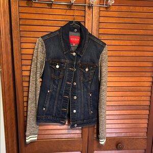 GUESS Dark Denim Jacket with Heather Gray Sleeves